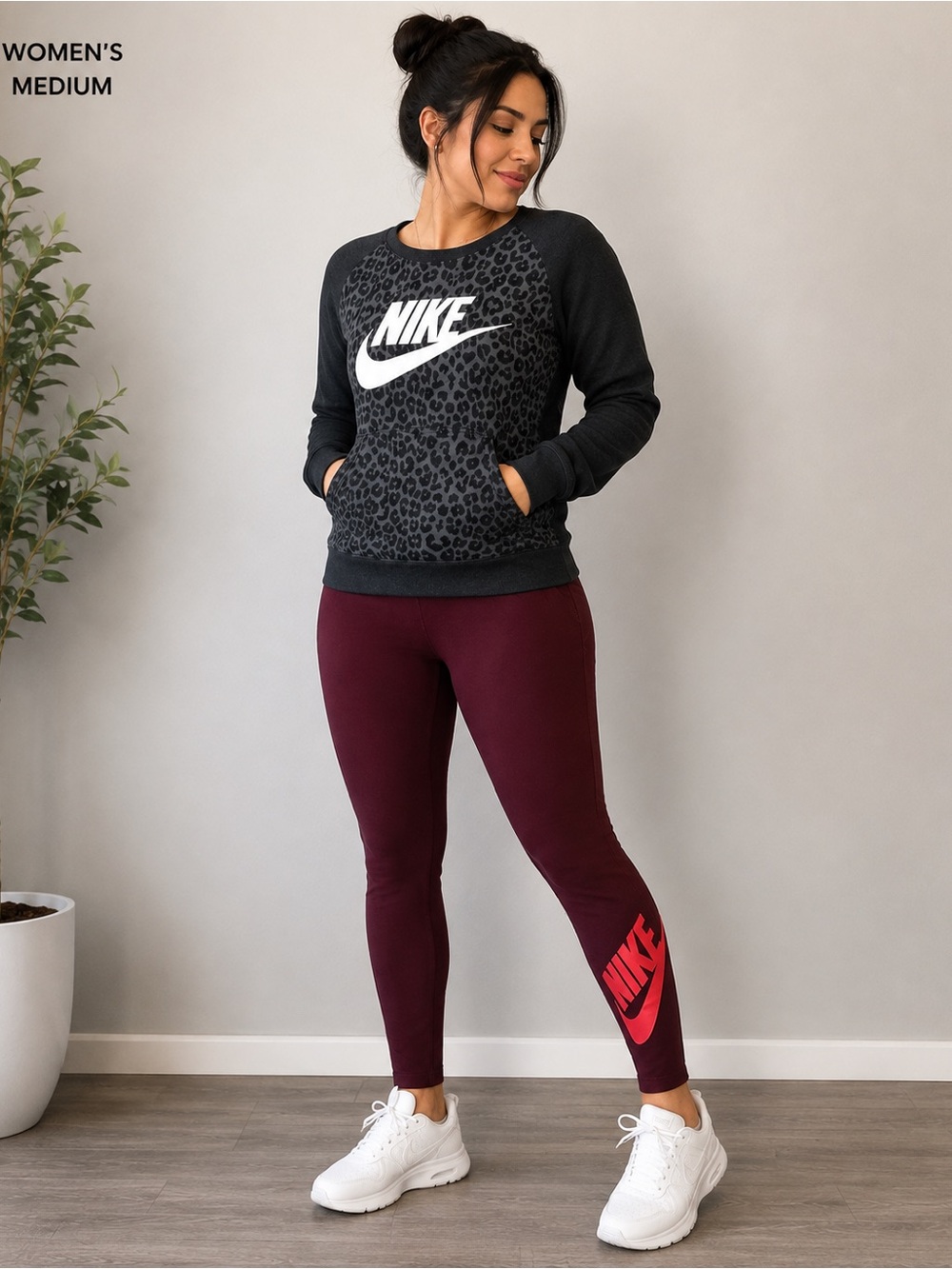 Nike Women's Maroon Logo Leggings with leopard black crewneck outfit